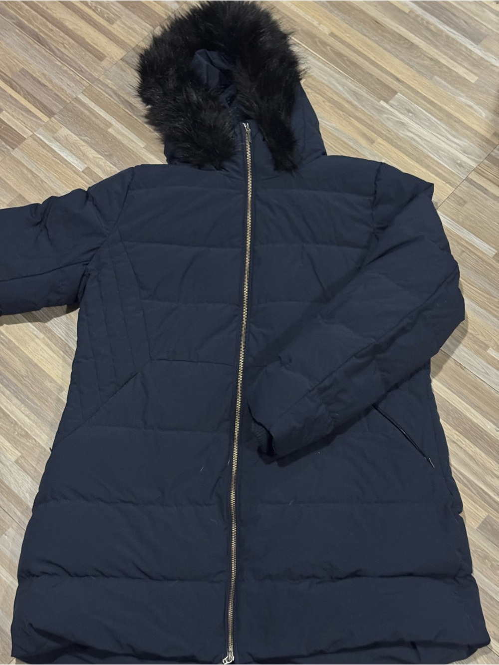 Women's LANDS END Quilted Black Puffer Coat with Faux Fur Hood